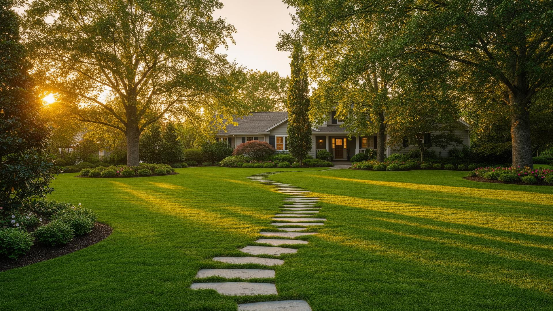 Beautifully manicured lawn and stone walkway